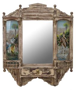 Staré zrcadlo v rámu z teakového dřeva, Krišna a Lakšmí, 80x16x96cm