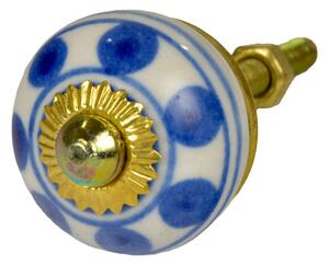 Malovaná porcelánová úchytka na šuplík, bílá s modrými puntíky a proužky, 3cm