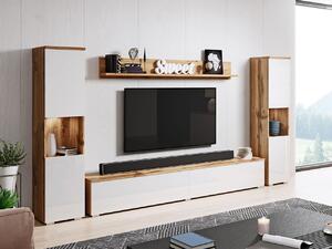 Moderní obývací stěna s LED osvětlením ROSALIO XL - dub wotan / lesklá bílá