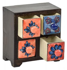 Dřevěná skříňka se 4 keramickými šuplíky, ručně malované, 15x11x17cm