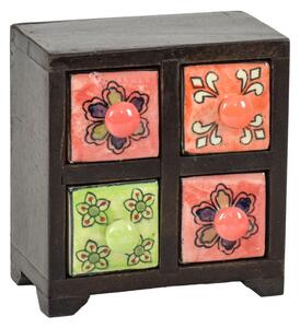 Dřevěná skříňka se 4 keramickými šuplíky, ručně malované, 15x11x17cm (0D)