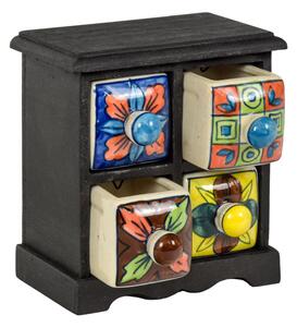 Dřevěná skříňka se 4 keramickými šuplíky, ručně malované, 17,5x12x18,5cm