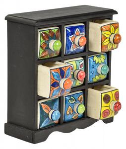 Dřevěná skříňka s 9 keramickými šuplíky, ručně malované, 26x12x26cm (8K)