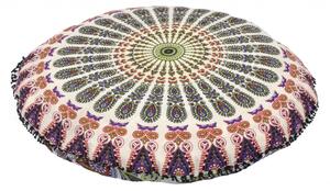 Meditační polštář, kulatý, 80x13cm, béžový, barevná paví mandala, černé třásně