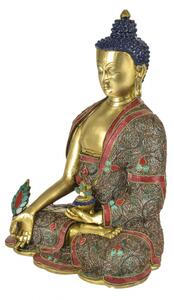 Uzdravující Buddha, mosazná socha zdobená polodrahokamy, 26x16x33cm