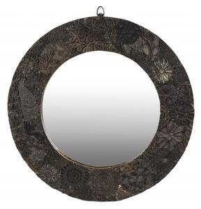 Zrcadlo v kulatém rámu z teakového dřeva zdobené starými raznicemi, 60x4x60cm (7Q)