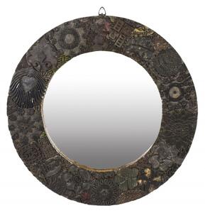 Zrcadlo v kulatém rámu z teakového dřeva zdobené starými raznicemi, 60x4x60cm (7M)