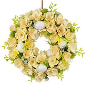 Velikonoční věnec z dřevěných květů s vajíčky, 30 cm, bílá