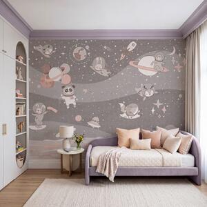 Fototapeta Kreslená vesmírná scéna s planetami a zvířaty, Vesmírné fototapety, Populární fototapety - Tapeko.co.cz