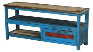 Nízký regál z teakového dřeva, tyrkysová patina, 118x32x51cm