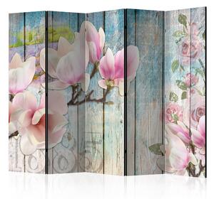 Artgeist Paraván - Pink Flowers on Wood II [Room Dividers] Velikosti (šířkaxvýška): 225x172