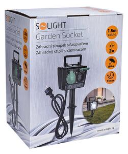 SOLIGHT Zahradní sloupek IP44, 2 zásuvky + časový spínač, gumový kabel 1,5m