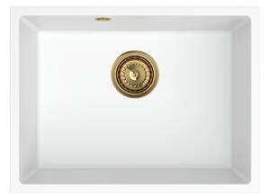 Sink Quality Crypton 60, kuchyňský granitový dřez 535x400x205 mm + zlatý sifon, bílá, SKQ-CRY.W.1KBO.60.XG