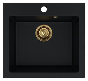 Sink Quality Ferrum 50, kuchyňský granitový dřez 490x450x195 mm + zlatý sifon, černá, SKQ-FER.C.1K50.XG