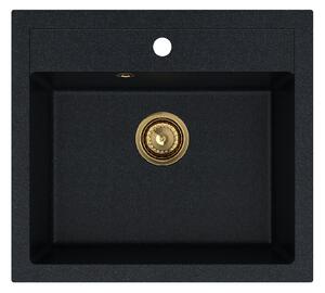 Sink Quality Ferrum, kuchyňský granitový dřez 565x510x205 mm + zlatý sifon, černá skvrnitá-Brocade, SKQ-FER.B.1K60.XG