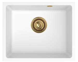 Sink Quality Crypton 55, kuchyňský granitový dřez 460x375x205 mm + zlatý sifon, bílá, SKQ-CRY.W.1KBO.55.XG