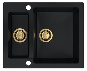 Sink Quality Ferrum, kuchyňský granitový dřez 605x495x210 mm + zlatý sifon, černá, SKQ-FER.C.5KBO.XG