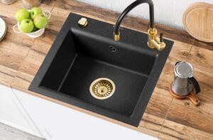 Invena Tesalia, 1-komorový granitový dřez 440x480x160 mm a dřezová baterie Glamour, černá-zlatá, INV-AZ-01-Z41-SET