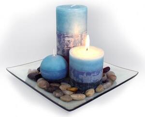 TORO Dárkový set 3 svíčky ,vůně borůvka, na skleněném podnosu s kameny