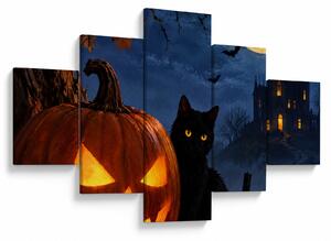 Obraz - Černá kočka u svítící dýně na Halloween (125x70 cm)