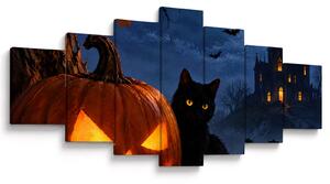 XXL Obraz - Černá kočka u svítící dýně na Halloween (210x100 cm)