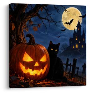 Obraz - Černá kočka u svítící dýně na Halloween (30x30 cm)