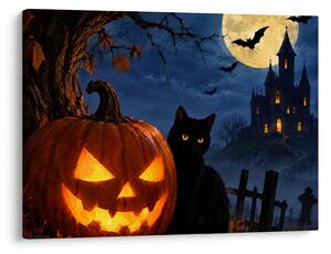 Obraz - Černá kočka u svítící dýně na Halloween (70x50 cm)