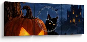 Obraz - Černá kočka u svítící dýně na Halloween (s hodinami) (90x30 cm)
