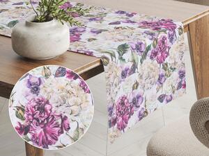 Biante Dekorační běhoun na stůl PML-108 Fialové květiny s motýlky na bílém 20x120 cm