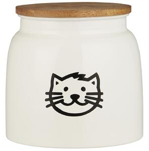 Bílá kovová dóza na krmivo pro kočky s dřevěným víkem CAT FOOD
