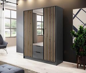 Třídveřová skříň se zrcadlem MARFA - šířka 155 cm, grafit / dub artisan