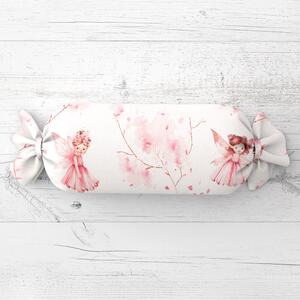 Biante Dětský polštář válec bonbon Sandra SA-684 Růžové víly na bílém 15x40 cm