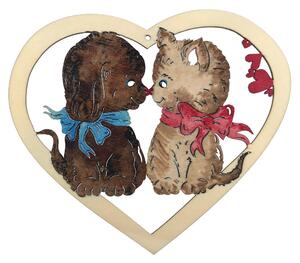 AMADEA Dřevěná ozdoba barevná srdce s kočkou a psem 17 cm