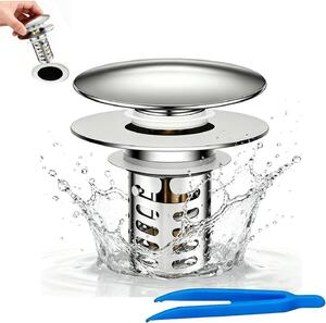 Zátka do umyvadla z nerezové oceli, průměr 67 mm, s tlakovým filtrem, vhodná pro standardní umyvadla