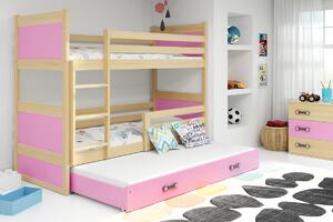 BMS Group Dětská patrová postel s přistýlkou RICO borovice Velikost postele: 160x80 cm, Barva šuplíku: Růžová