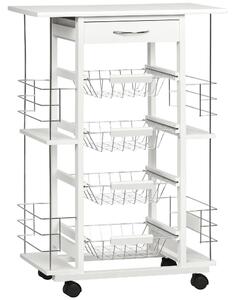 HOMCOM Kuchařský vozík na kolečkách s dlažkou a zásuvkou, 4 kovové košíky a 4 boční stojany na kořenky pro jídelnu, 57x37x83 cm Bílý | Aosom