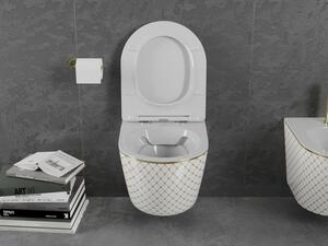 Mexen Lena WC mísa Rimless s pomalu padající deskou slim, duroplast, bílá/Zlatá vzor káro