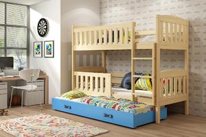 Dětská patrová postel s přistýlkou KUBUŠ 3 | borovice Barva: Borovice / modrá, Rozměr: 200 x 90 cm