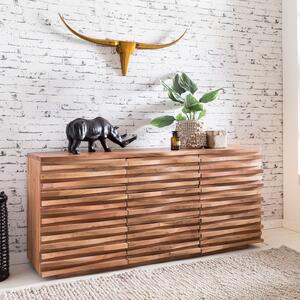 FineBuy Komoda z masivního akáciového deva 160 cm, 2 dvíka a 3 zásuvky – masivní retro komoda s designovým elem – pírodní píborník – run vyrobený v industriálním stylu