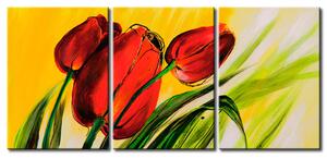 Obraz Tulipány na jarním větru (3 díly) - motiv červených květů