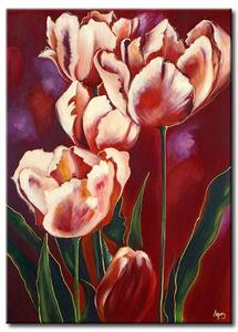 Obraz Romantické tulipány (1-dílný) - růžové květy na červeném pozadí