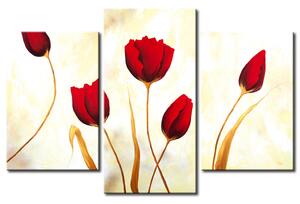 Obraz Červené tulipány (3-dílný) - kompozice květin na světlém pozadí