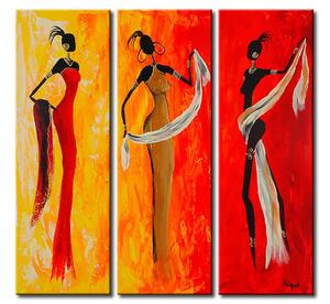 Obraz Tančící postavy (3dílný) - africké ženy na červeném pozadí