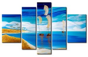 Obraz Modrá zátoka (5dílný) - krajina s mořem a třemi plachetnicemi