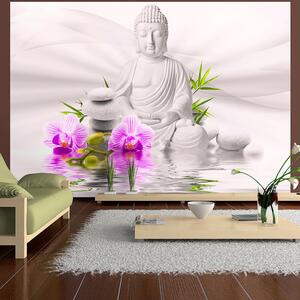 Samolepící fototapeta - Buddha a růžové orchideje 147x105