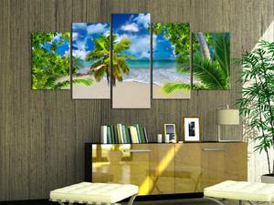 Obraz Sluneční čas (5-dílný) - tropická krajina s mořem a palmami