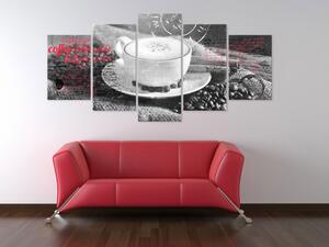 Obraz Zátiší (5-dílný) - motiv kávy s bílou šálkou a nápisy