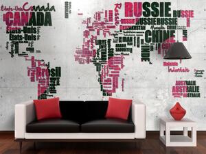Fototapeta Růžovo-černé kontinenty - mapa světa s nápisy ve francouzštině