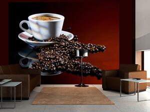 Fototapeta Káva - střízlivý motiv černé kávy v bílém hrnku na tmavém pozadí
