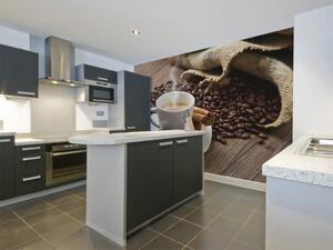 Fototapeta Káva - rozsypaná zrna kolem šálku na dřevěném pozadí do kuchyně